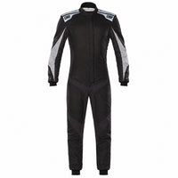 Thumbnail for OMP One Evo X driver suit black silver front image on a clean white background