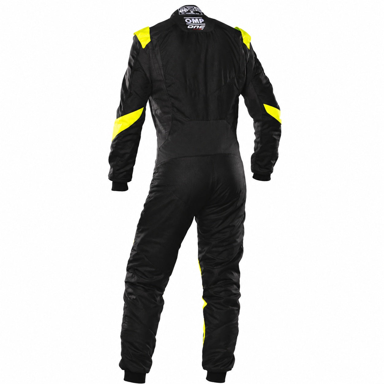 OMP One Evo X driver suit black yellow rear image on a clean white background
