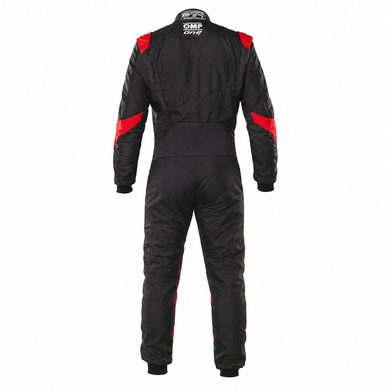 OMP One Evo X driver suit black red rear image on a clean white background