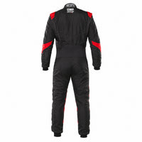 Thumbnail for OMP One Evo X driver suit black red rear image on a clean white background