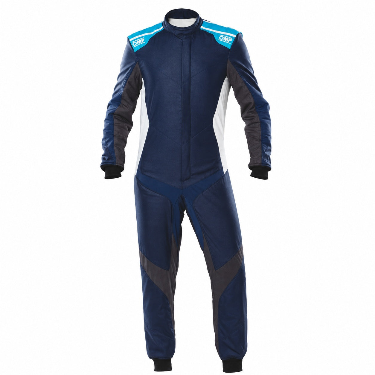 OMP One Evo X driver suit blue front image on a clean white background