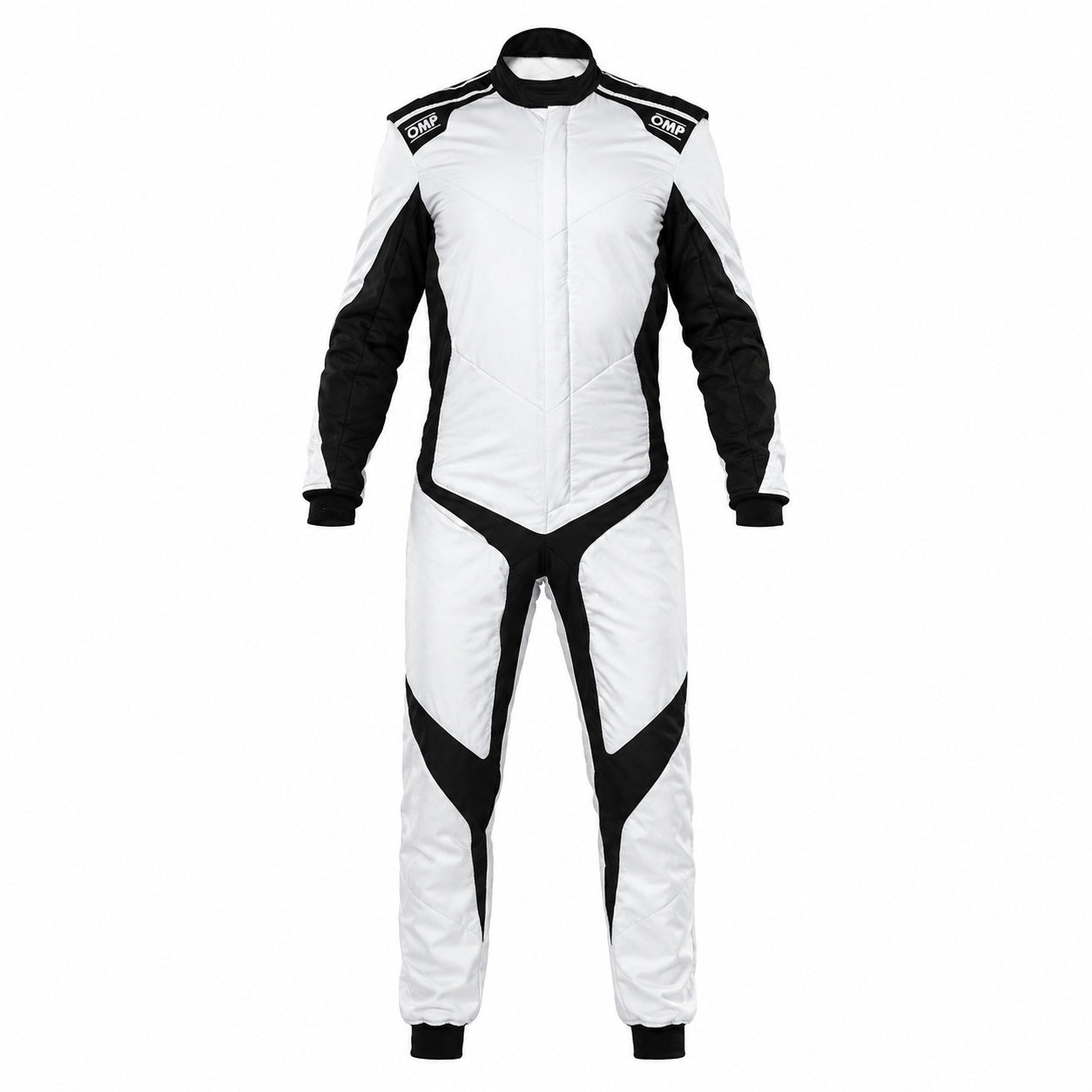 OMP One Evo X driver suit white black front image on a clean white background