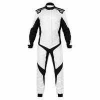Thumbnail for OMP One Evo X driver suit white black front image on a clean white background