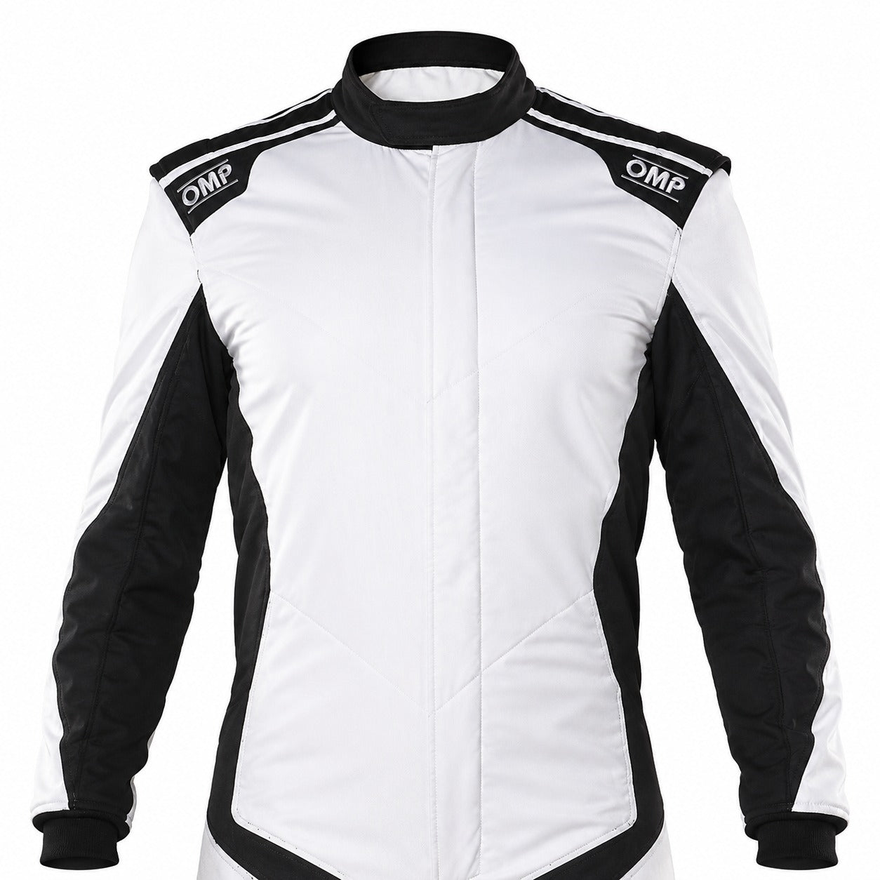 OMP One Evo X white and black racing suit half image on a clean white background