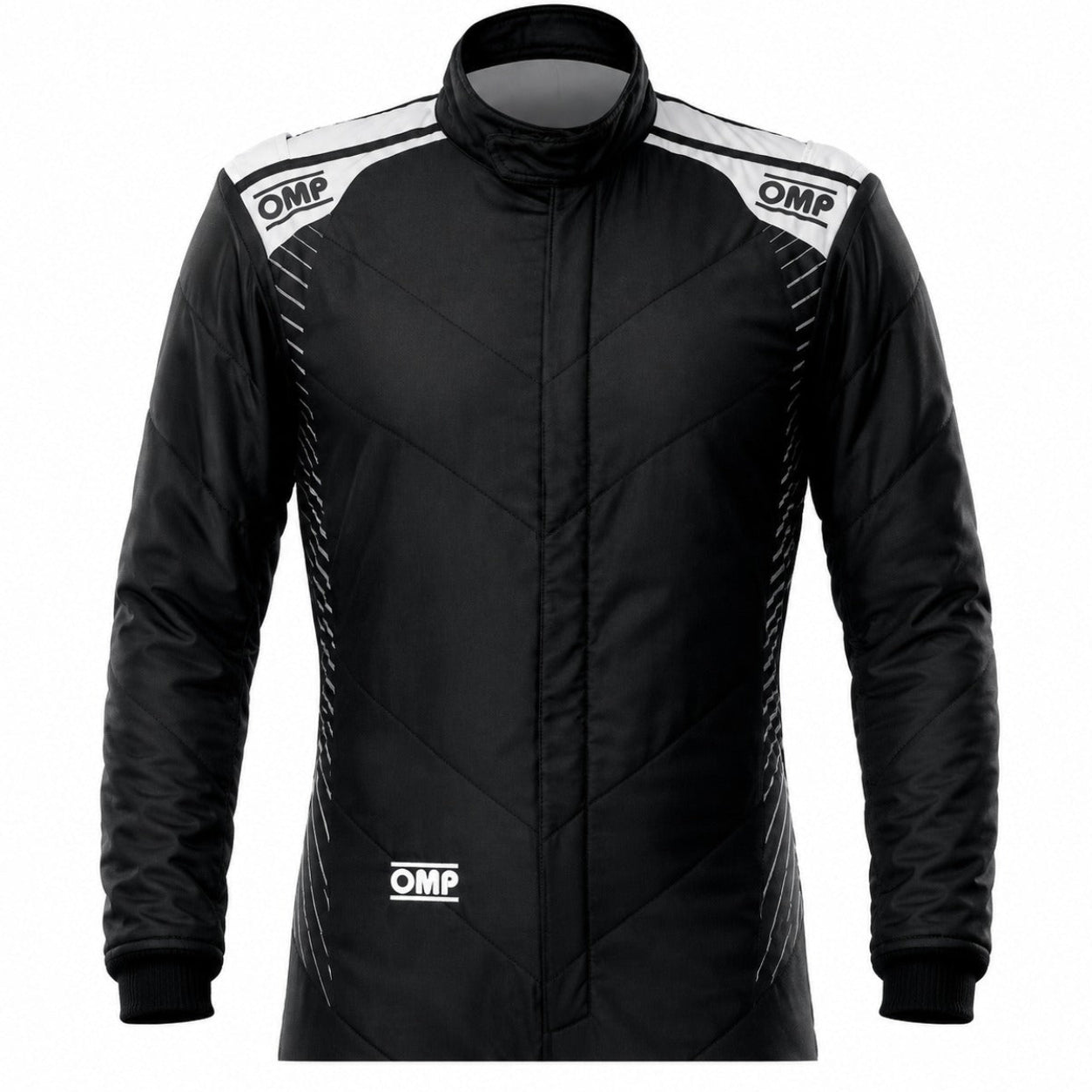 OMP One-S Air black racing suit half image with white shoulder accents on a clean white background