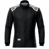 Thumbnail for OMP One-S Air black racing suit half image with white shoulder accents on a clean white background