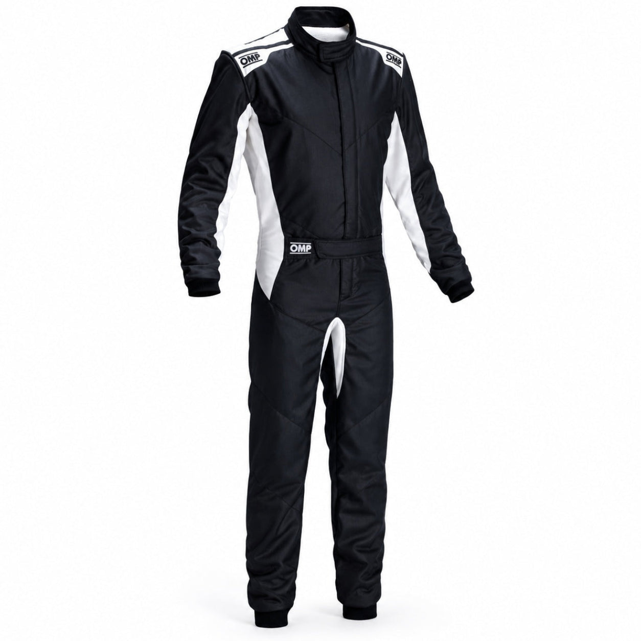 OMP One S Race Suit white and black front view on a clean white Shopify-ready background.