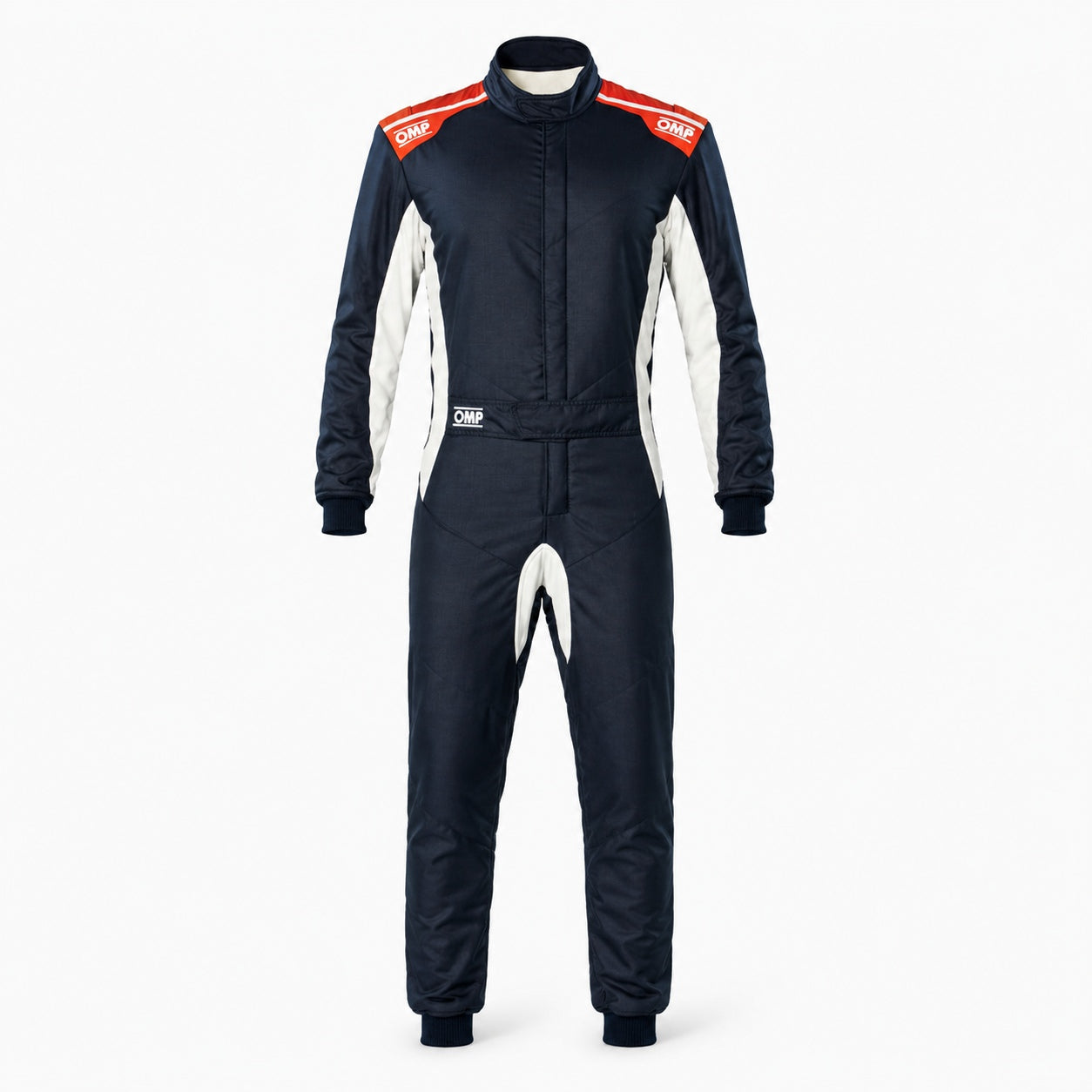 OMP One S Race Suit navy and orange front view with white side panels on a clean white Shopify-ready background.