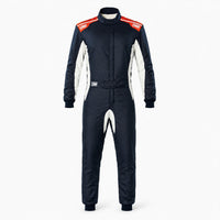 Thumbnail for OMP One S Race Suit navy and orange front view with white side panels on a clean white Shopify-ready background.