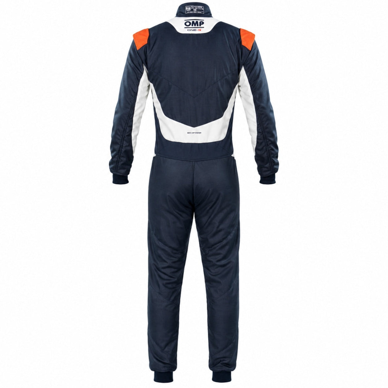 OMP One S Race Suit navy and orange rear view on a clean white Shopify-ready background.