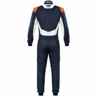 Thumbnail for OMP One S Race Suit navy and orange rear view on a clean white Shopify-ready background.