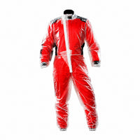Thumbnail for OMP Rain Overall clear waterproof karting suit over red racing suit on white background.