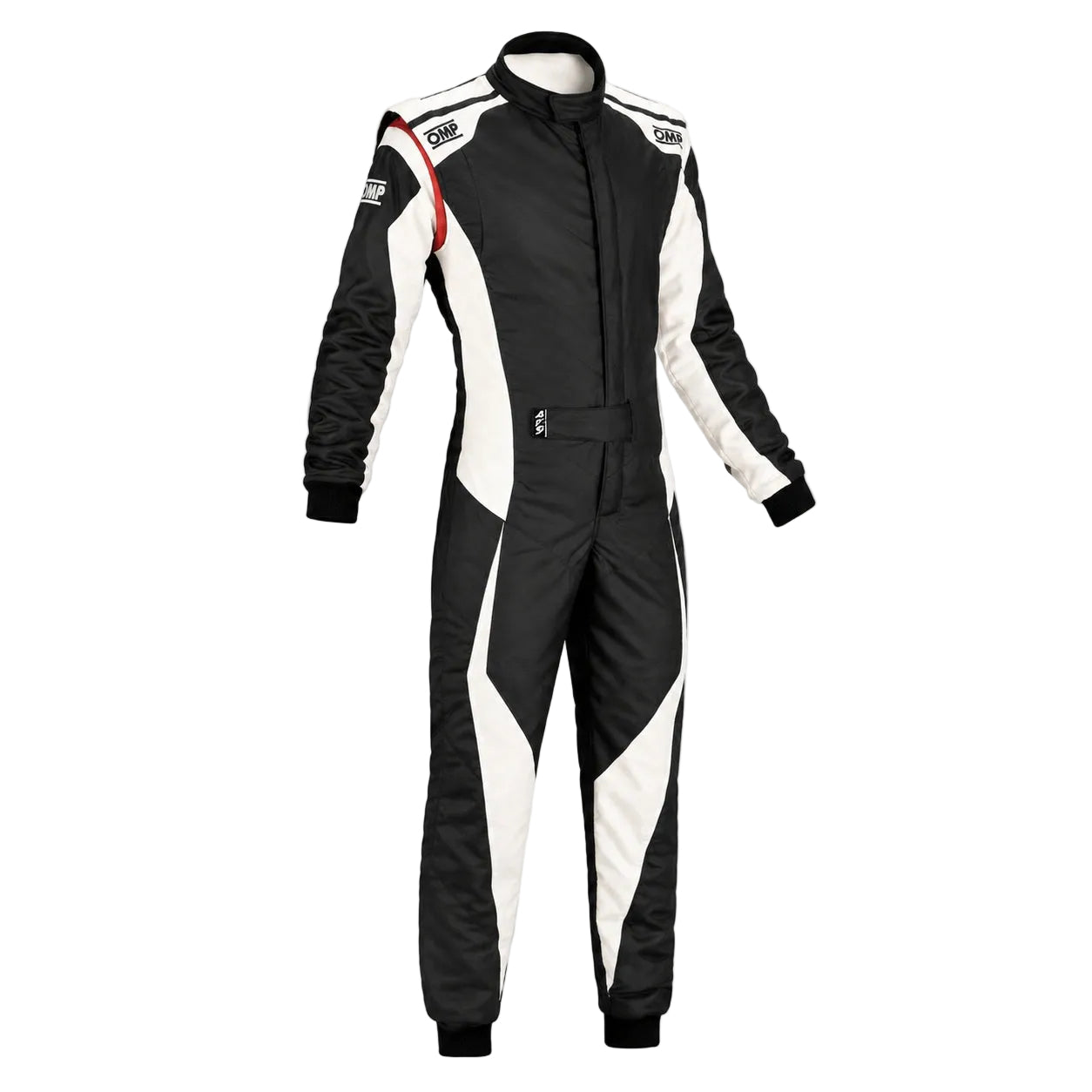 OMP Tecnica Evo Race Suit white and black front image on a clean white background.
