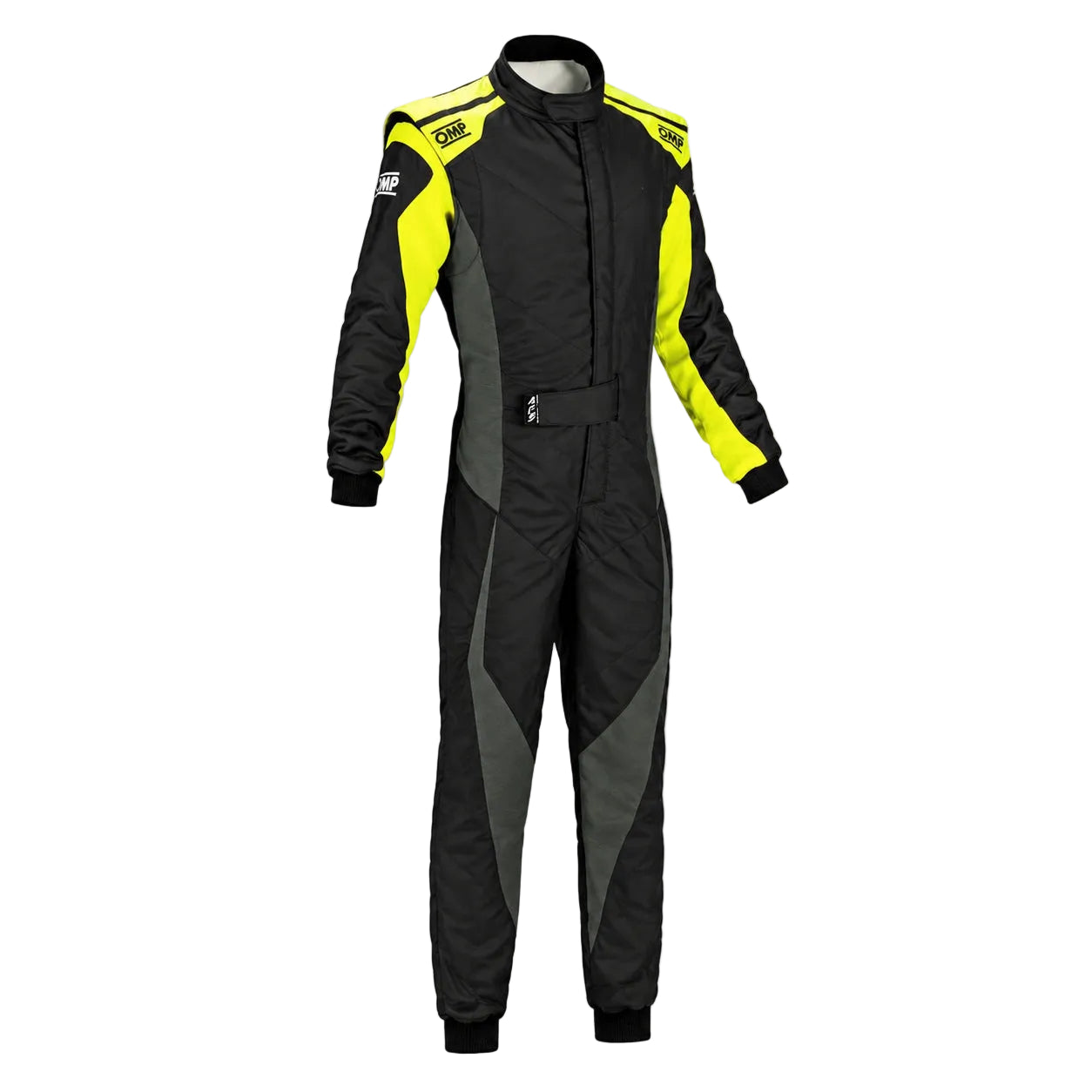 OMP Tecnica Evo Race Suit black and yellow front image on a clean white background