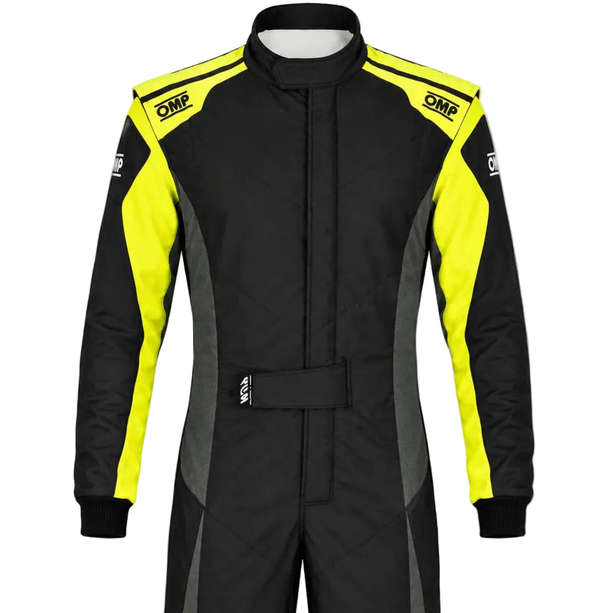 Black and yellow racing suit with OMP branding on a white background