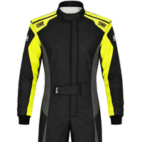 Thumbnail for Black and yellow racing suit with OMP branding on a white background
