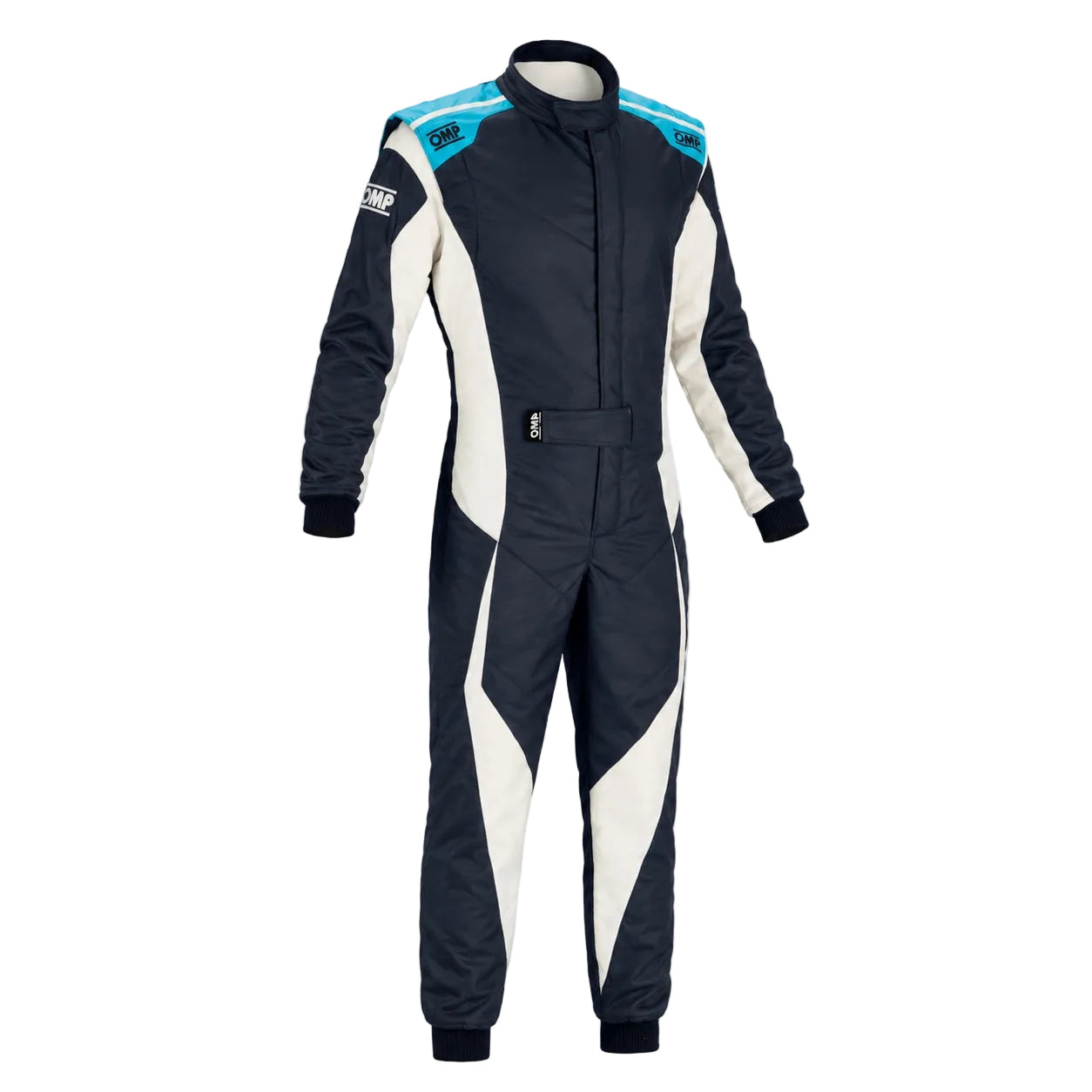 OMP Tecnica Evo Race Suit blue and white front image on a clean white background.
