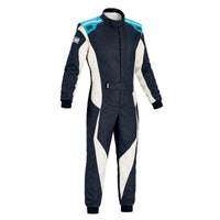 Thumbnail for OMP Tecnica Evo Race Suit blue and white front image on a clean white background.
