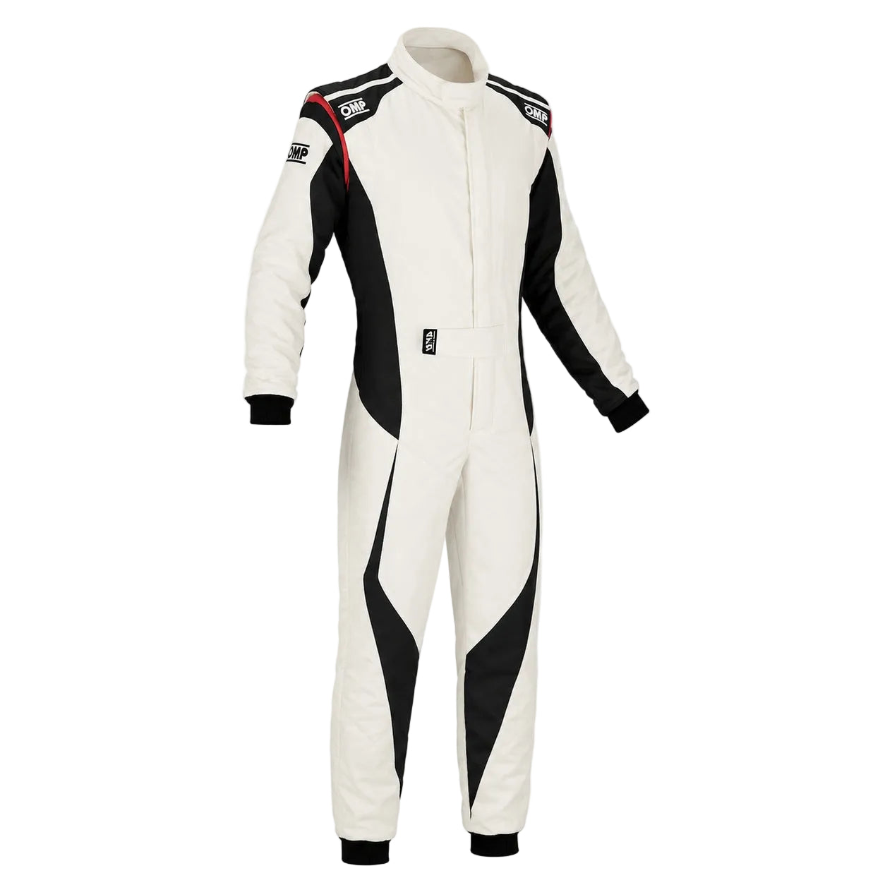 OMP Tecnica Evo Race Suit white and black front image on a clean white Shopify-ready background.
