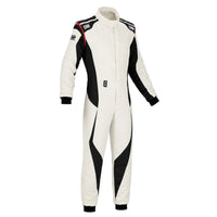 Thumbnail for OMP Tecnica Evo Race Suit white and black front image on a clean white Shopify-ready background.