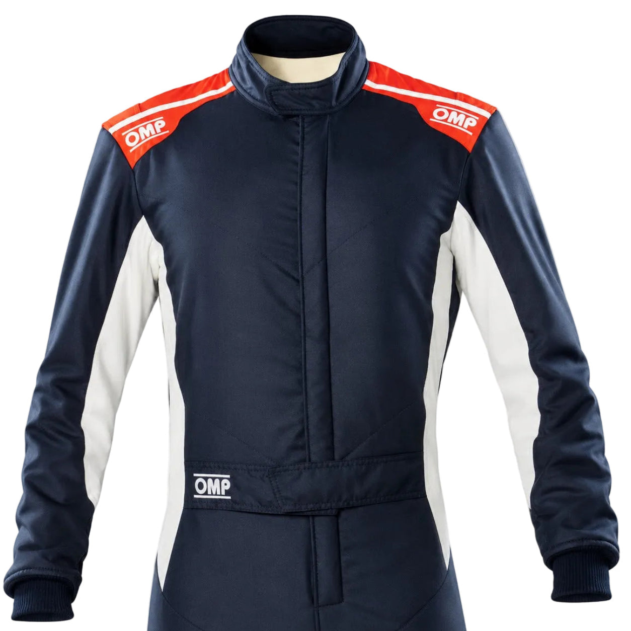 OMP Tecnica Hybrid Driver Race Suit half image in navy blue with orange shoulder accents and white side panels on a clean white background.