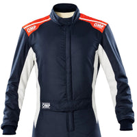 Thumbnail for OMP Tecnica Hybrid Driver Race Suit half image in navy blue with orange shoulder accents and white side panels on a clean white background.
