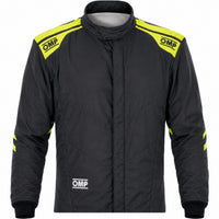 Thumbnail for OMP One Evo Air black and fluo yellow racing suit half image on a clean white background