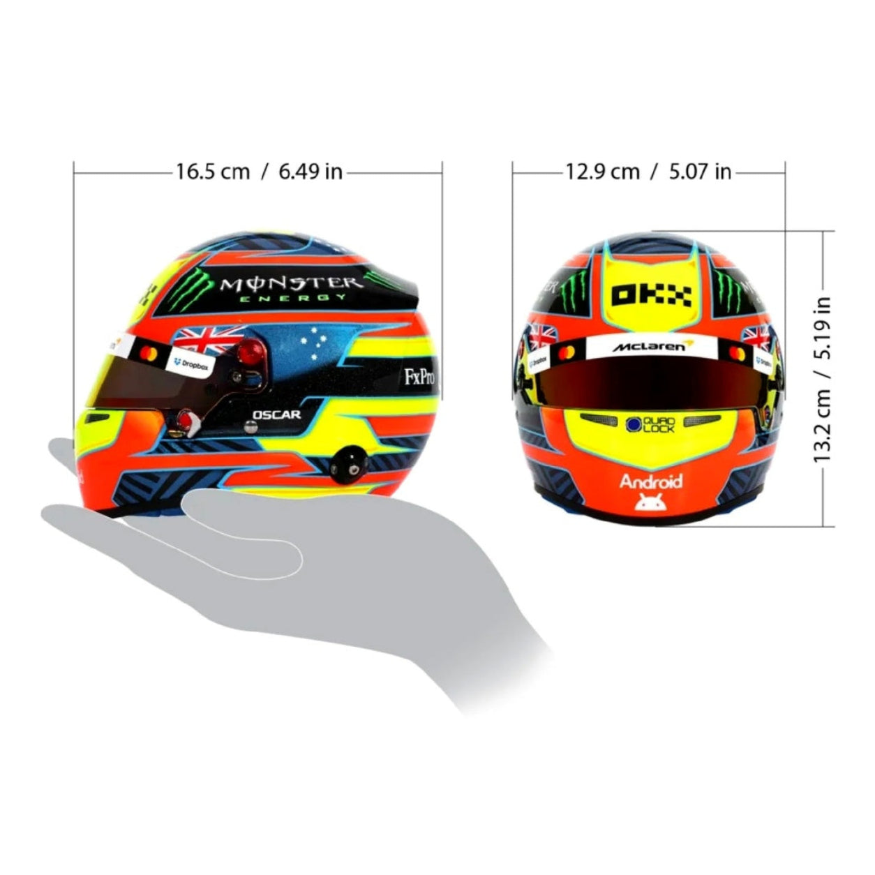 Oscar Piastri 2026 F1 mini helmet dimensions showing 1:2 scale size measurements