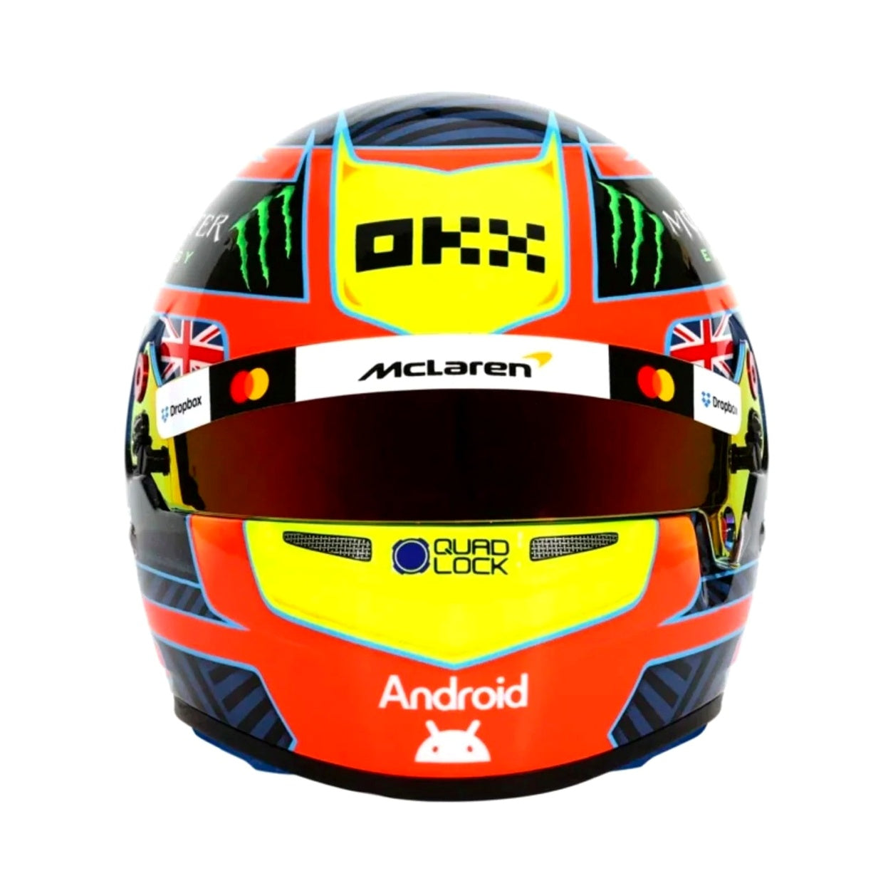 Oscar Piastri 2026 F1 mini helmet front view with bright McLaren-inspired livery and tinted visor
