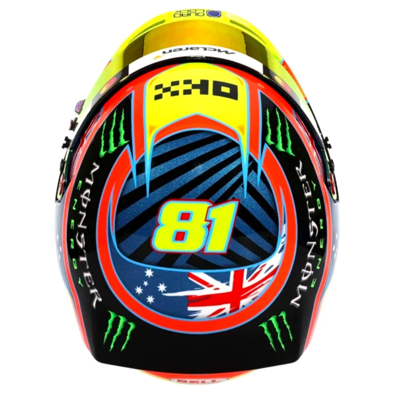 Oscar Piastri 2026 F1 mini helmet top view showing number 81, Australian flag, and bright McLaren-inspired design