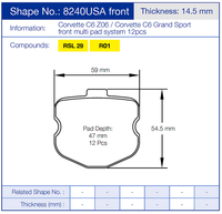 Thumbnail for Technical diagram of a Pagid 8240 brake pad with dimensions and specifications for Corvette C6 Z06 and C6 Grand Sport.