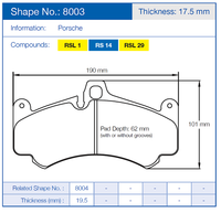 Thumbnail for Technical diagram of a Pagid 8003 for Porsche brake pad with dimensions and compound information.
