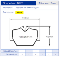 Thumbnail for Technical diagram of a Pagid 8276 brake pad with dimensions and specifications for BMW and Toyota vehicles.