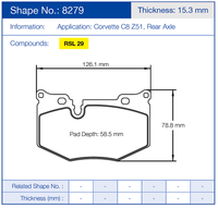 Thumbnail for Technical diagram of a Pagid 8279 brake pad with dimensions and specifications for a Corvette C8 Z51 rear axle.