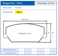 Thumbnail for Technical diagram of a Pagid 7034 Hyundai brake pad with dimensions and compound information.