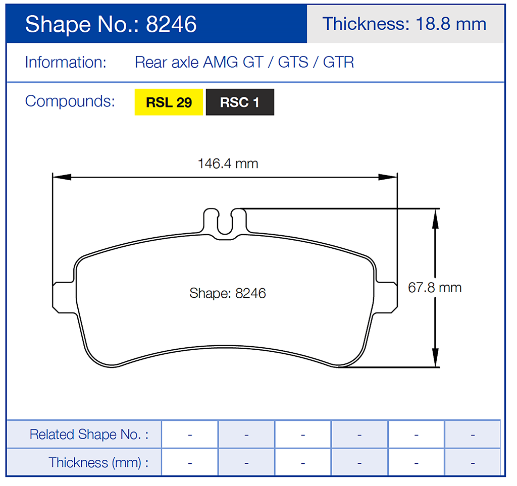Technical diagram of a Pagid 8246 brake pad with dimensions and compound information on a blue background