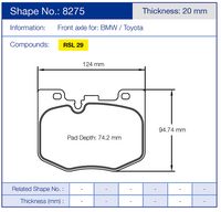 Thumbnail for Technical diagram of a Pagid 8275 brake pad with dimensions and specifications for BMW and Toyota vehicles.