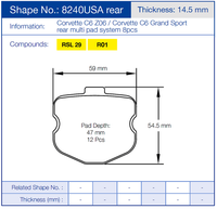 Thumbnail for Technical diagram of a Pagid 8240 Rear brake pad with dimensions and specifications for Corvette C6 Z06 and C6 Grand Sport.