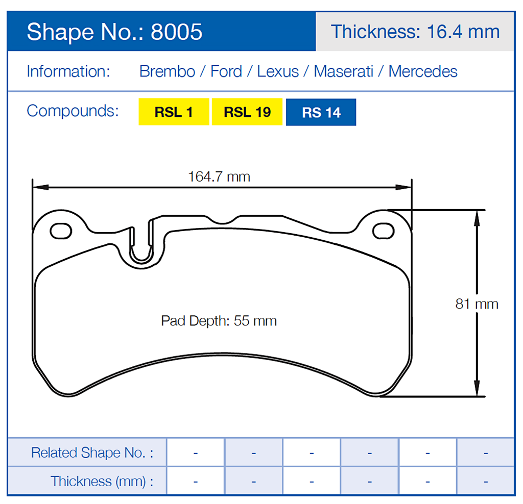 Pagid 8005 Brake pad with dimensions and compatibility information on a blue background