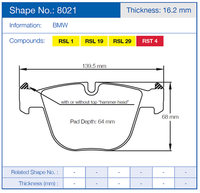 Thumbnail for Technical diagram of a Pagid 8021 brake pad with dimensions and compound information, for BMW.