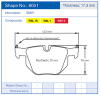 Thumbnail for Technical diagram of a Pagid 8051 brake pad with dimensions and compound information for BMW.