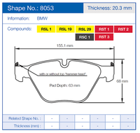 Thumbnail for Technical diagram of a Pagid 8053 brake pad with dimensions and compound information for BMW, including shape number 8053 and thickness 20.3 mm.