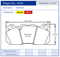 Thumbnail for Pagid 8239 Brake pad with dimensions and specifications on a blue background