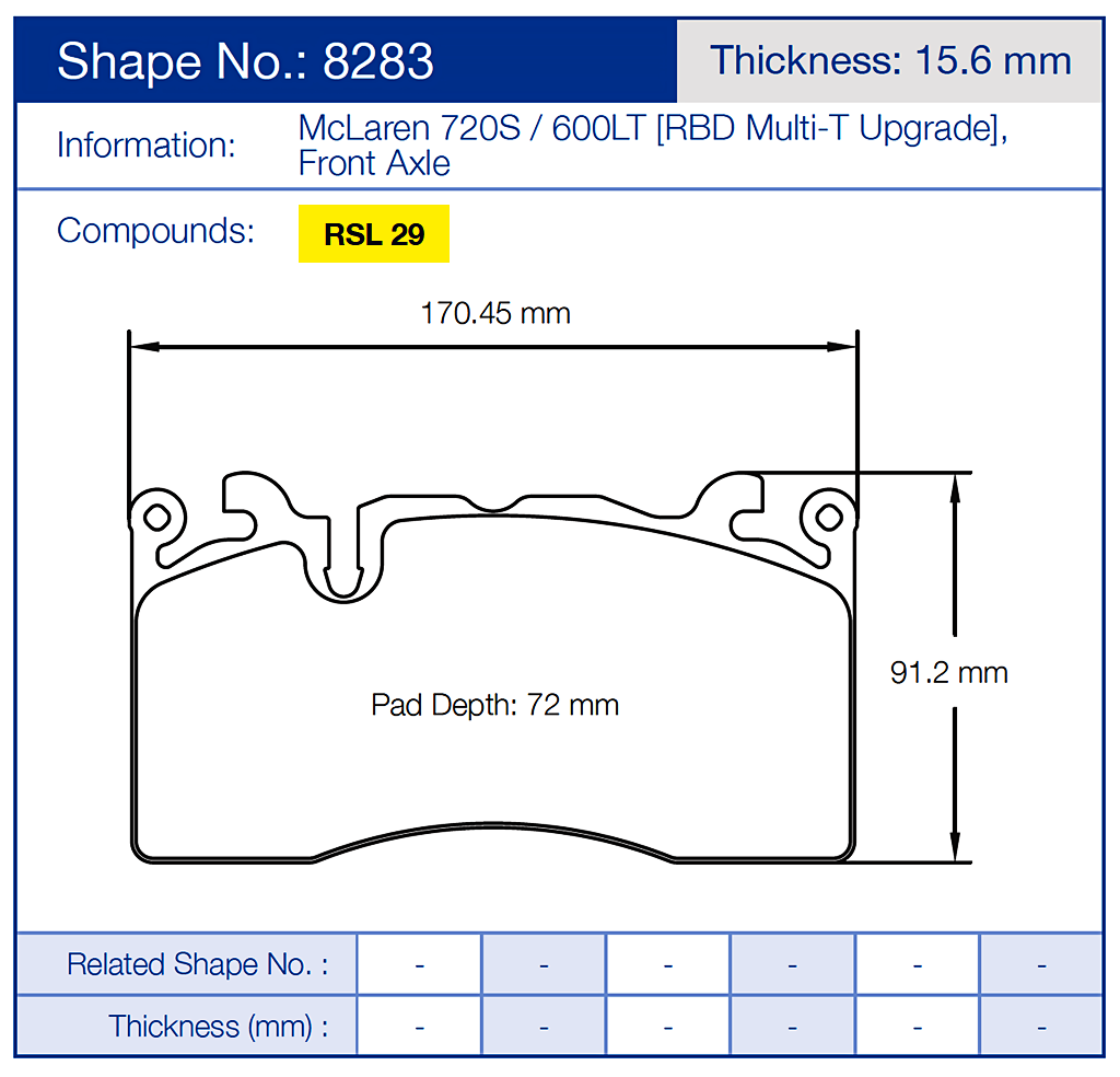 Pagid Brake pad dimensions and specifications with Shape 8283 and thickness 15.6 mm.