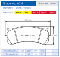 Thumbnail for Technical diagram of a Pagid 8038 brake pad with dimensions and compound information, branded by Brembo and Porsche.