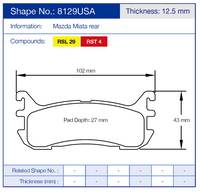 Thumbnail for Pagid 8129 Brake pad diagram with specifications for Mazda Miata rear, including dimensions and compounds.