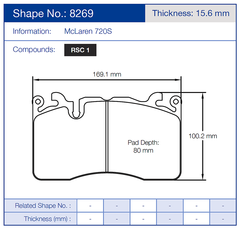 Technical diagram of Pagid 8269 brake pads with dimensions and specifications for McLaren 720S.