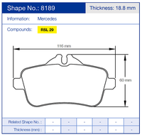 Thumbnail for Pagid 8189 Brake pad with dimensions and specifications on a blue background