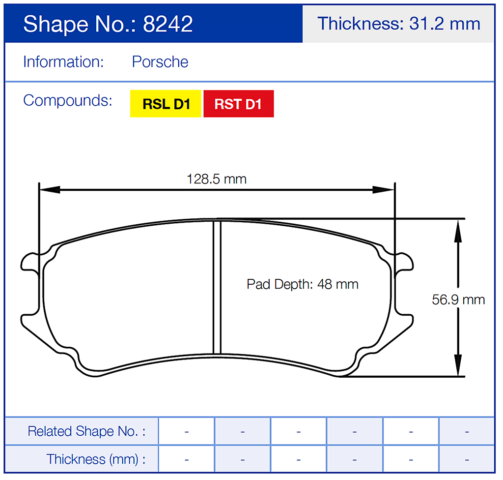 Technical diagram of Porsche Pagid 8242 brake pads with dimensions and compound information.
