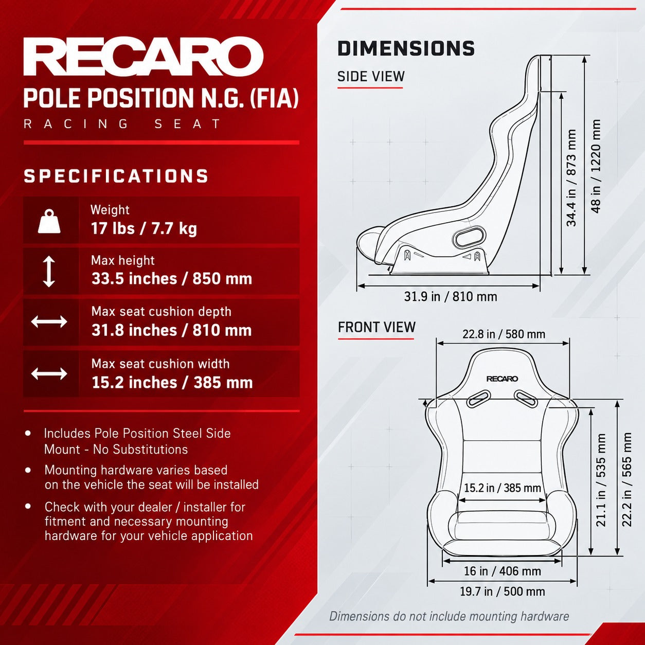 Recaro Pole Position N.G. FIA racing seat dimensions chart with side and front measurements, weight, height, cushion depth, and seat width